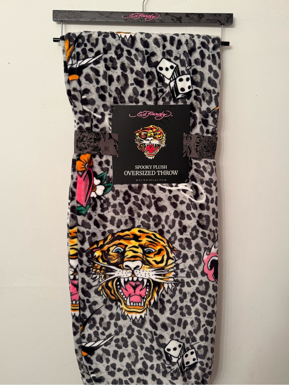 Ed Hardy Tiger Leopard Print Gray Plush Oversized Throw Blanket